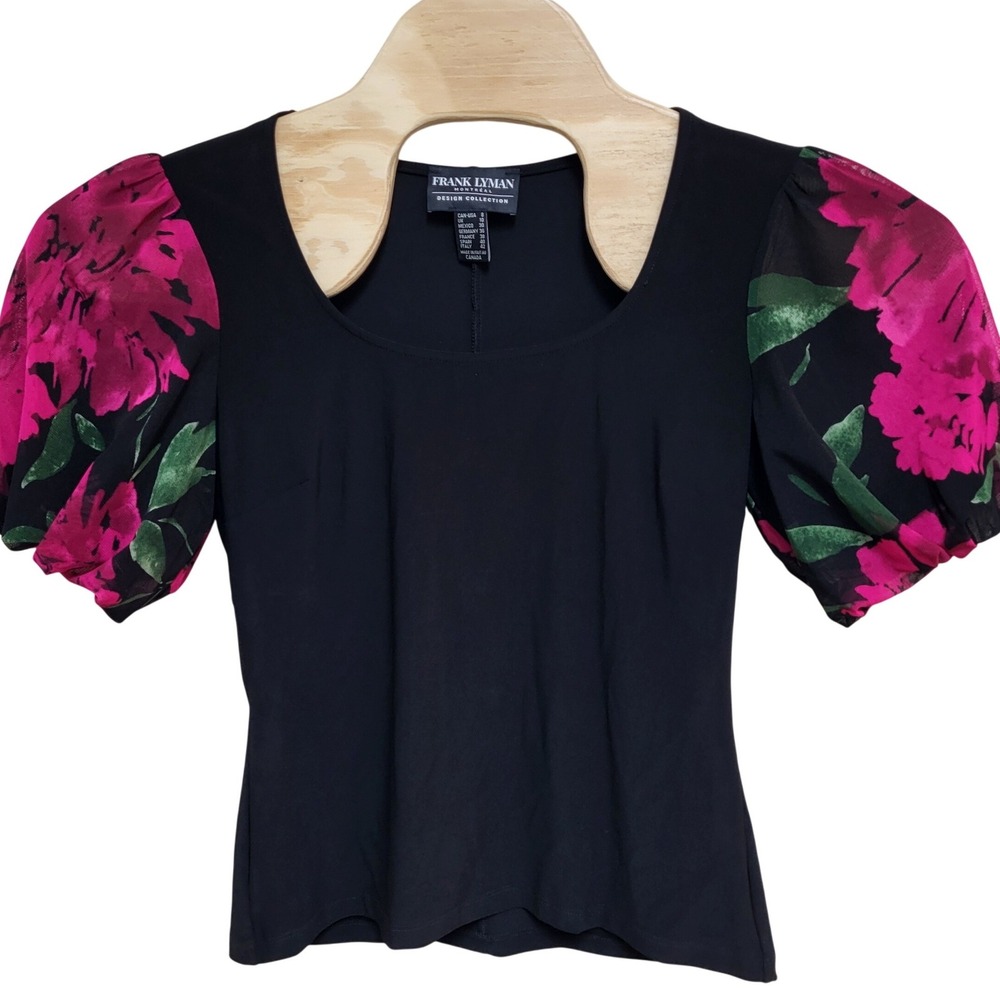 Frank Lyman Design Black Top with Pink Floral Puff Sleeves